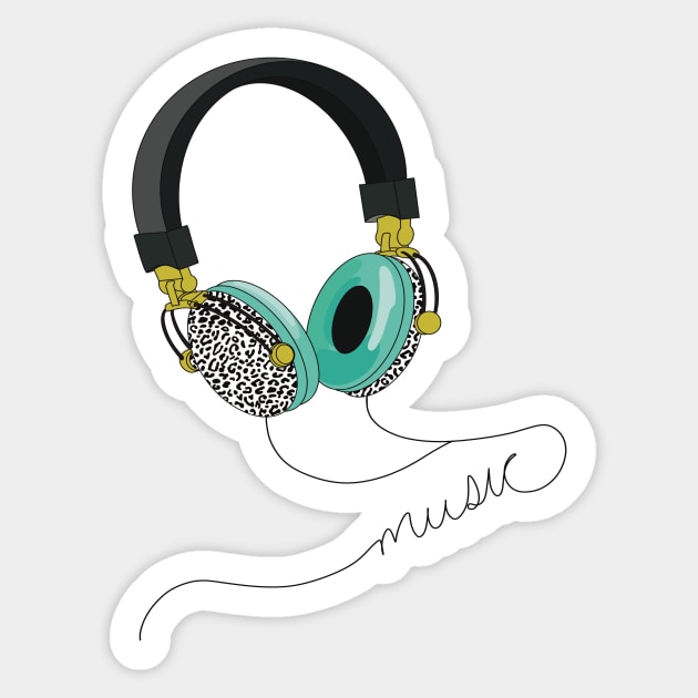 Funky headphones with aqua blue ear muffs and black and white leopard print designs on the outside Sticker by Fruit Tee